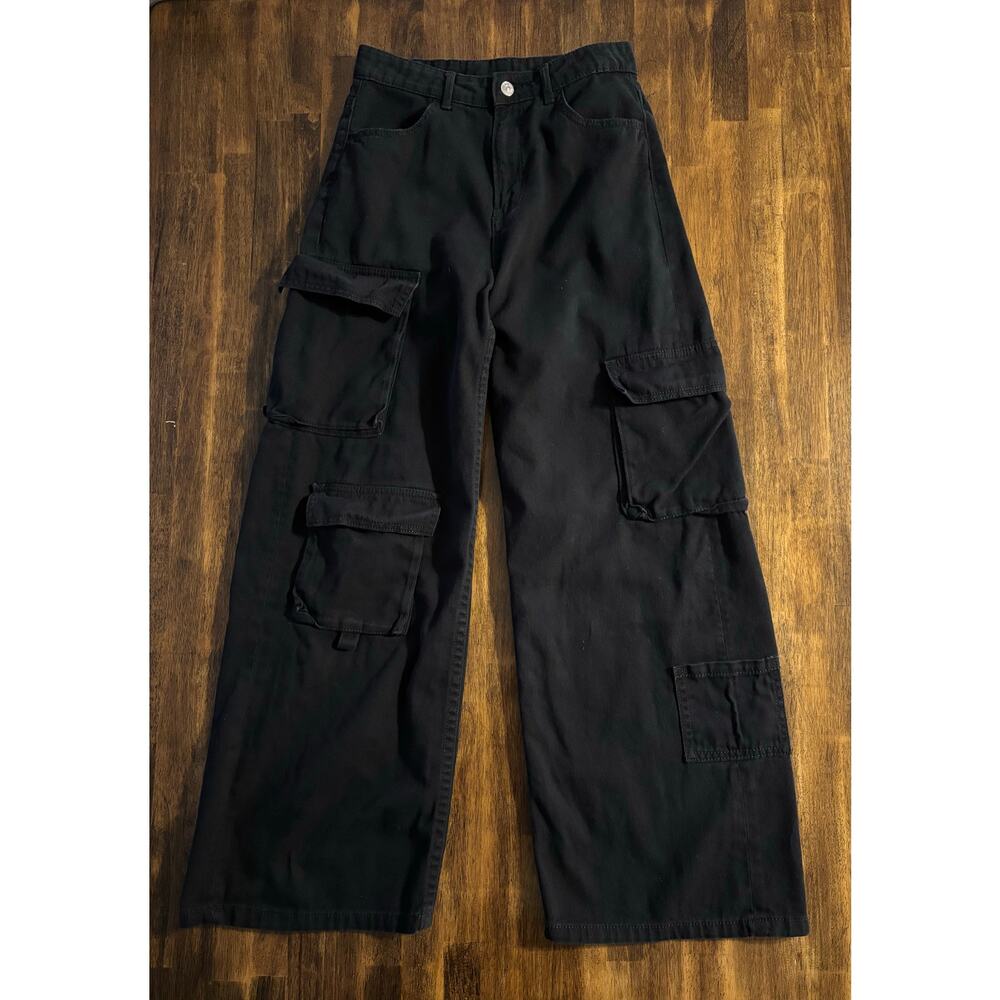 H&M Divided Women’s 2 27 x 29 Pants Wide Leg Cargo High Rise 100% Cotton Black